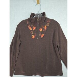 VTG Studio Works Petite Large 1/4 Zip Embroidered Fall Leaves Long Sleeve Brown